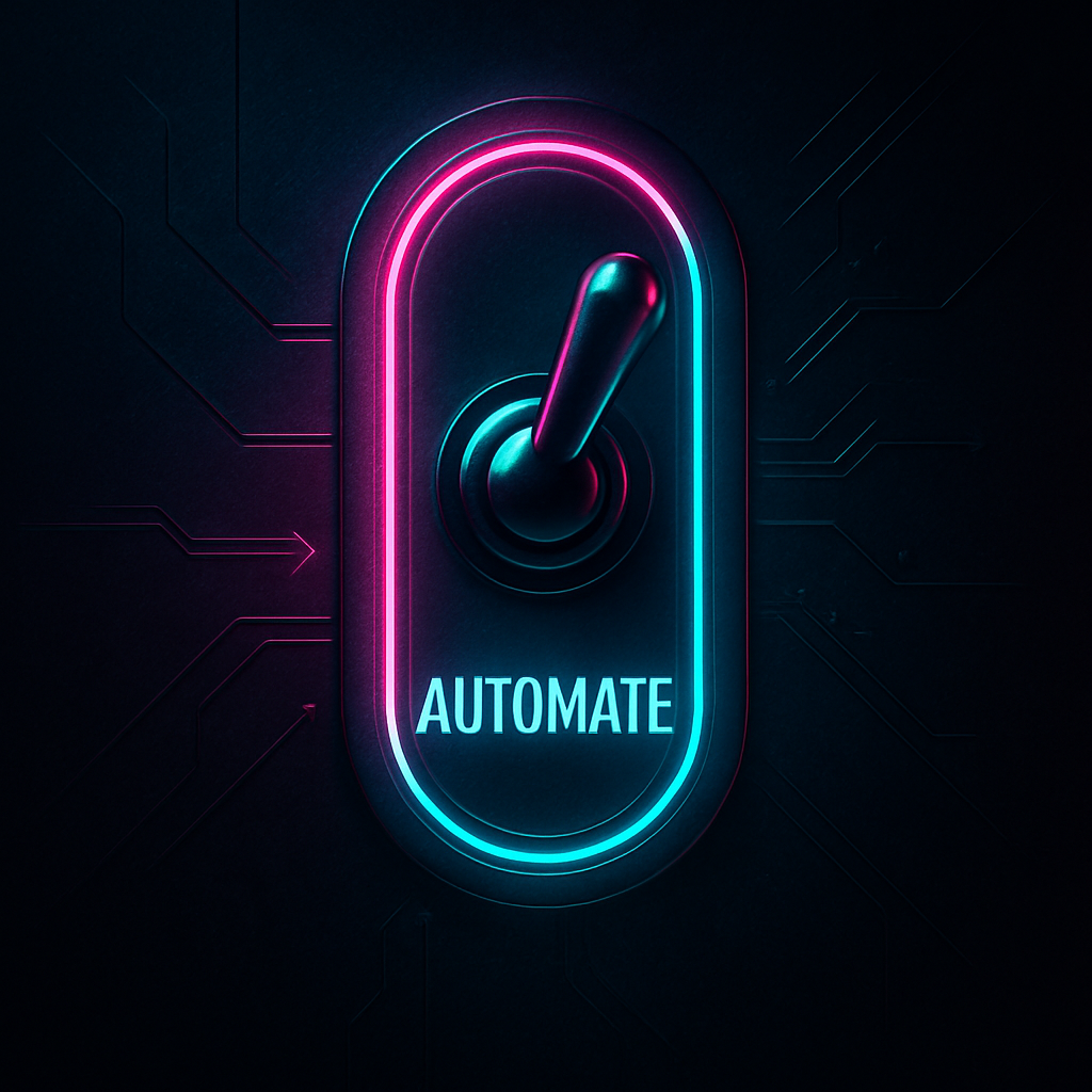 Cyberpunk-style glowing switch labeled “AUTOMATE” in neon blue and pink, symbolizing marketing automation being activated.